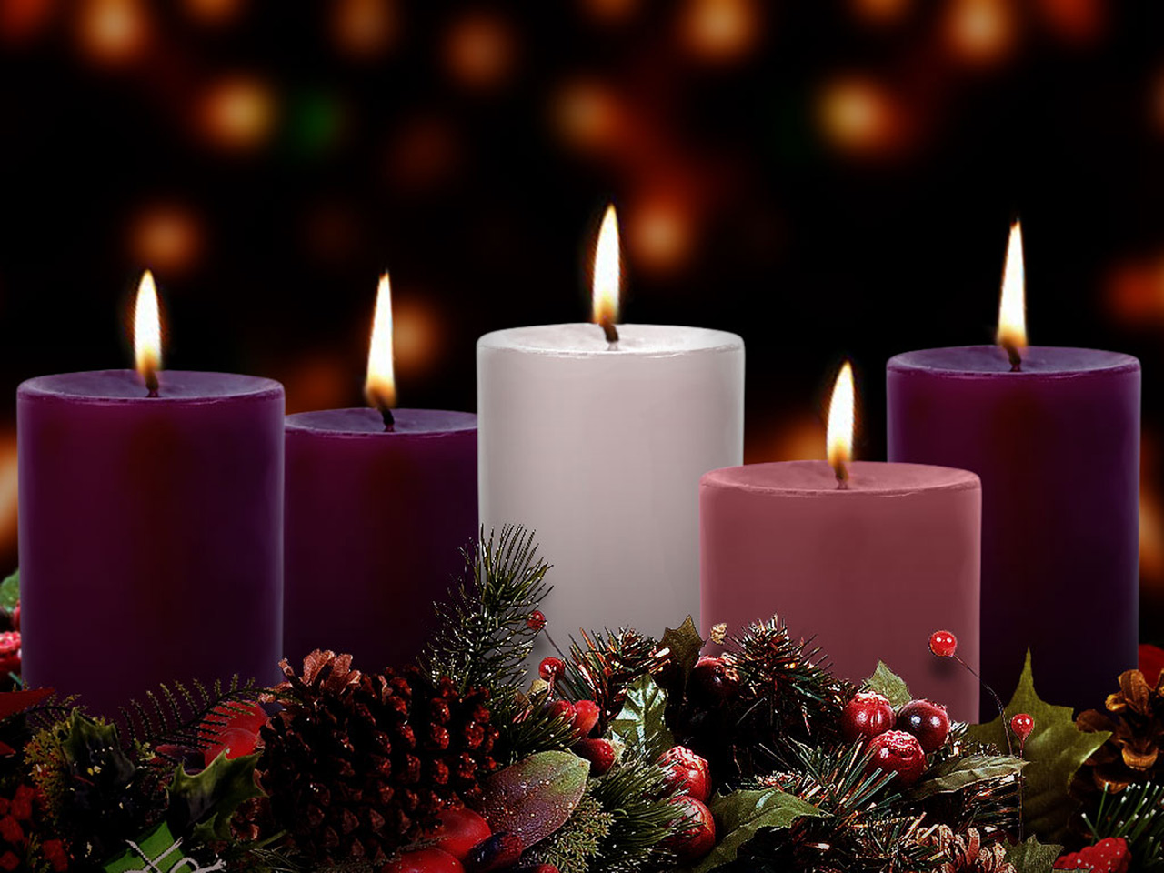 Five pillar candles of Advent